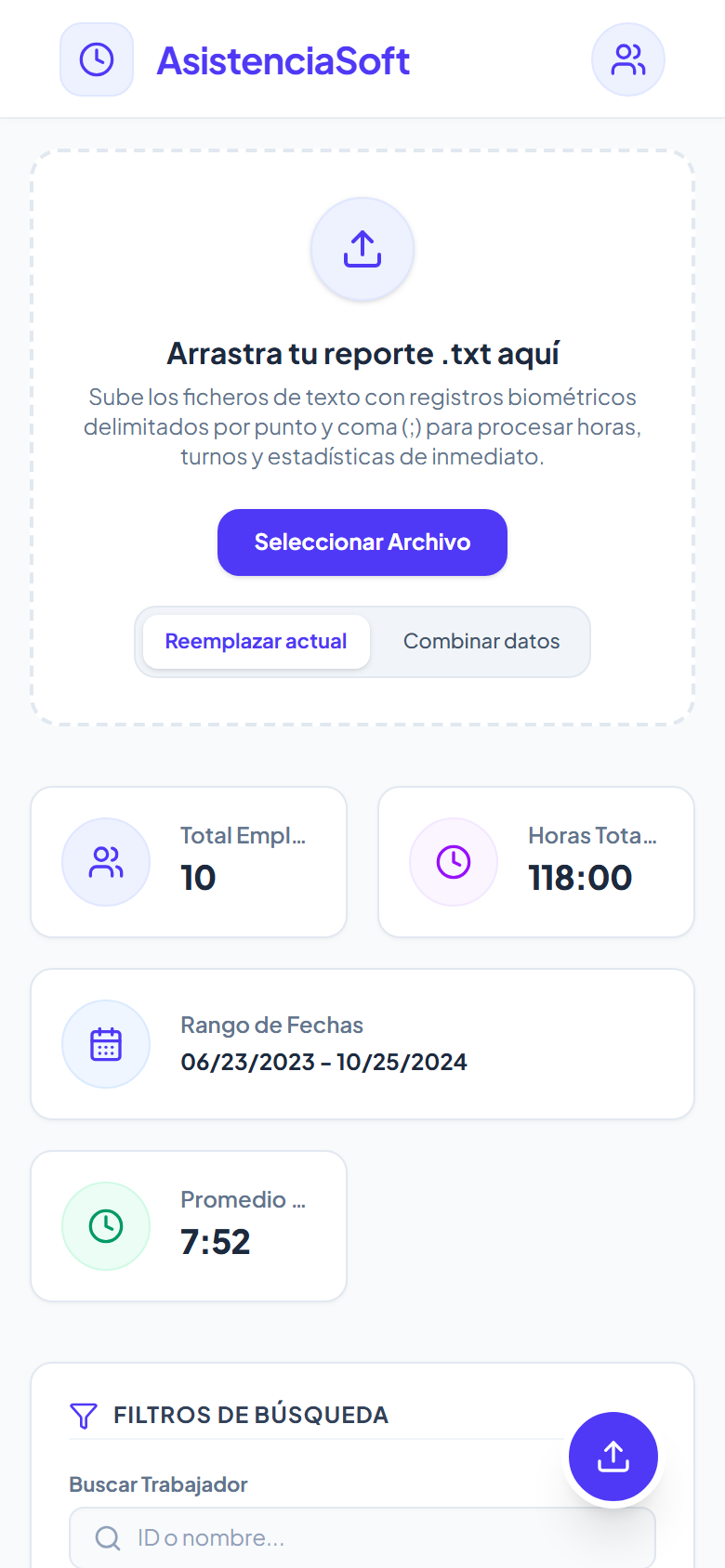 Panel de asistencia con carga del archivo del reloj y totales del periodo (celular)
