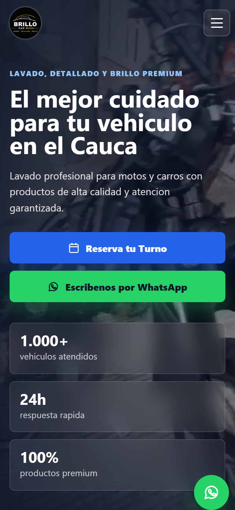 Portada con video, llamado a reservar y botón de WhatsApp (celular)
