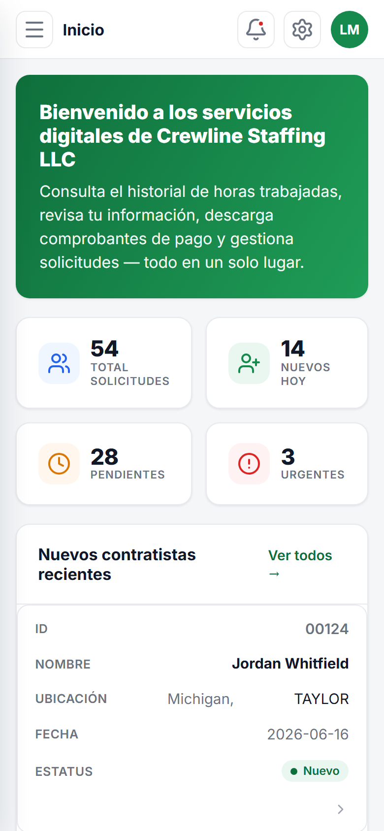 Inicio con avisos de nómina, contratistas nuevos y solicitudes pendientes (celular)