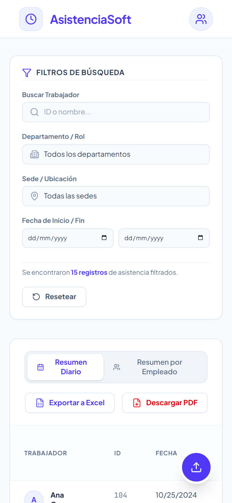 Registros de entrada y salida con las horas calculadas por día (celular)