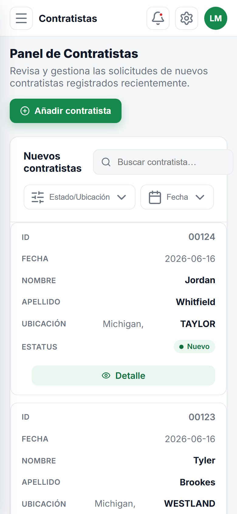 Lista de contratistas nuevos con estado de aprobación (celular)