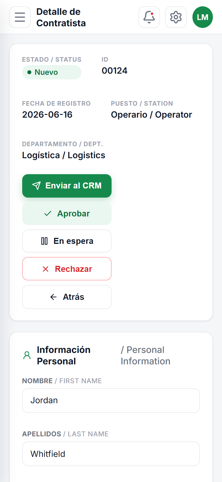 Detalle de un contratista con datos personales, bancarios enmascarados y documentos (celular)