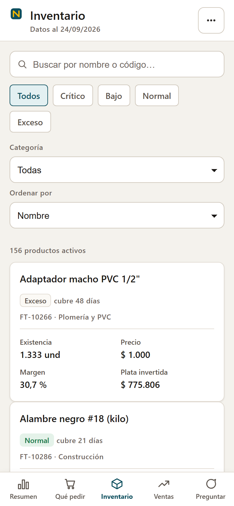 Inventario con estado de existencias, precio, margen y plata invertida por producto (celular)