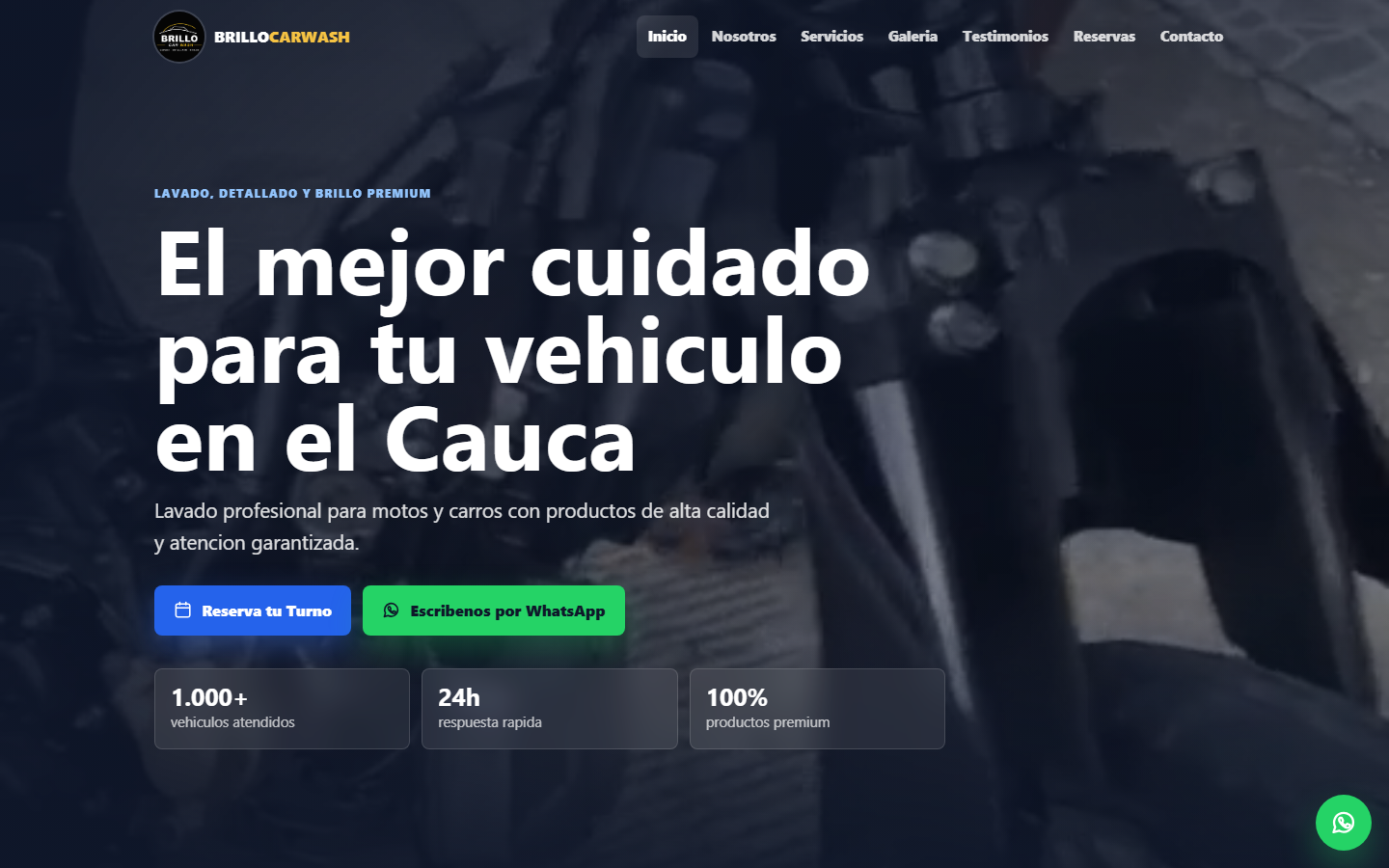Portada con video, llamado a reservar y botón de WhatsApp