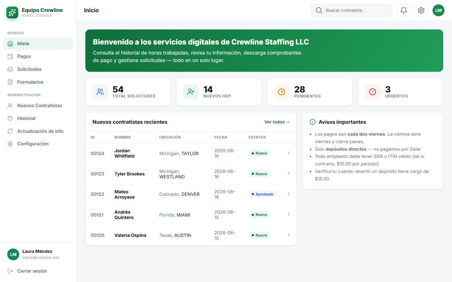 Inicio con avisos de nómina, contratistas nuevos y solicitudes pendientes