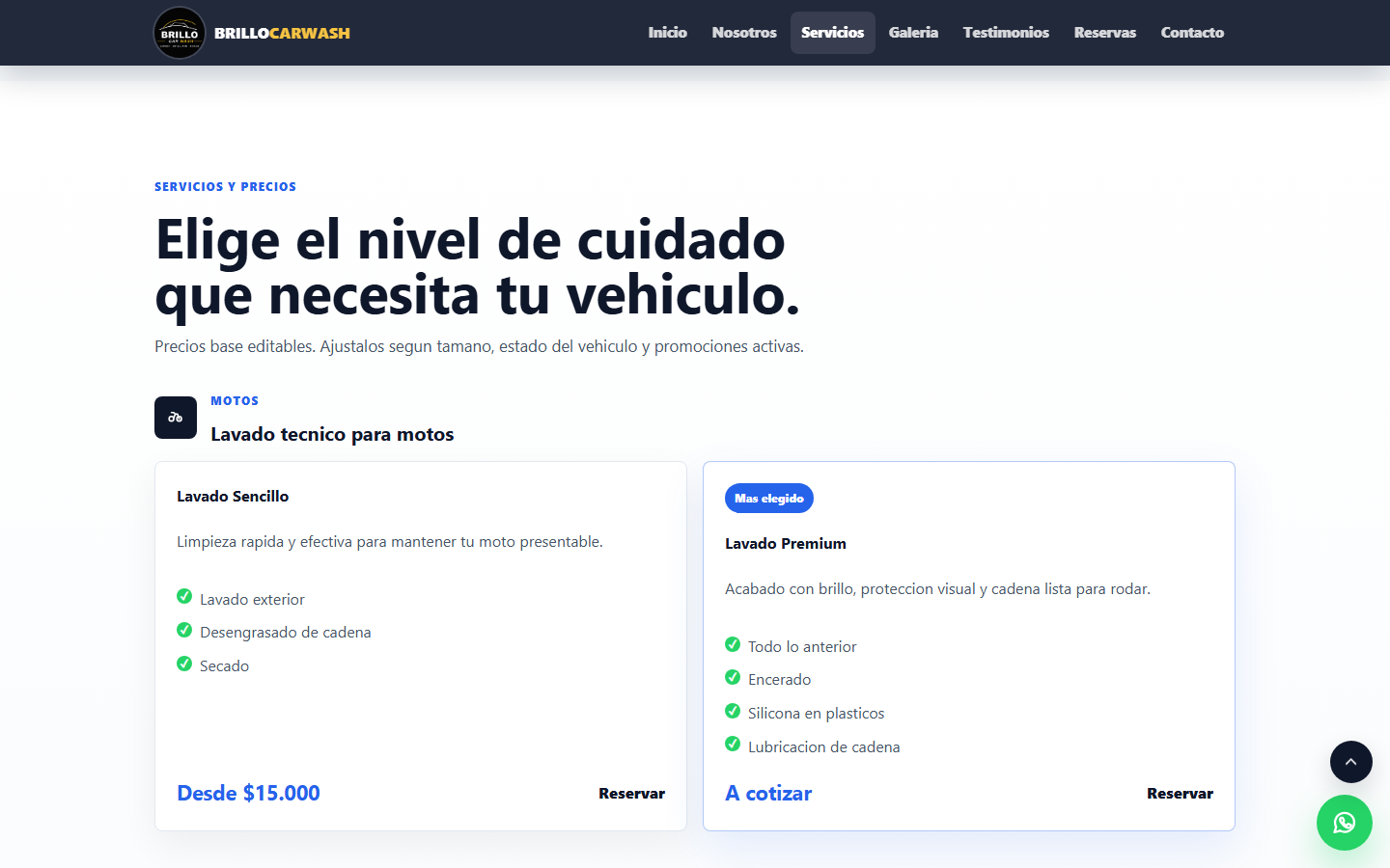 Servicios para motos y carros con los niveles de lavado