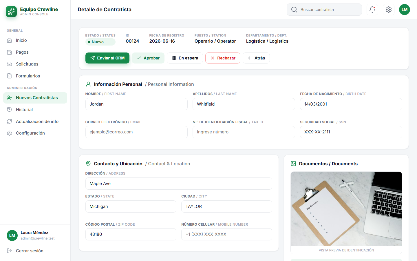 Detalle de un contratista con datos personales, bancarios enmascarados y documentos