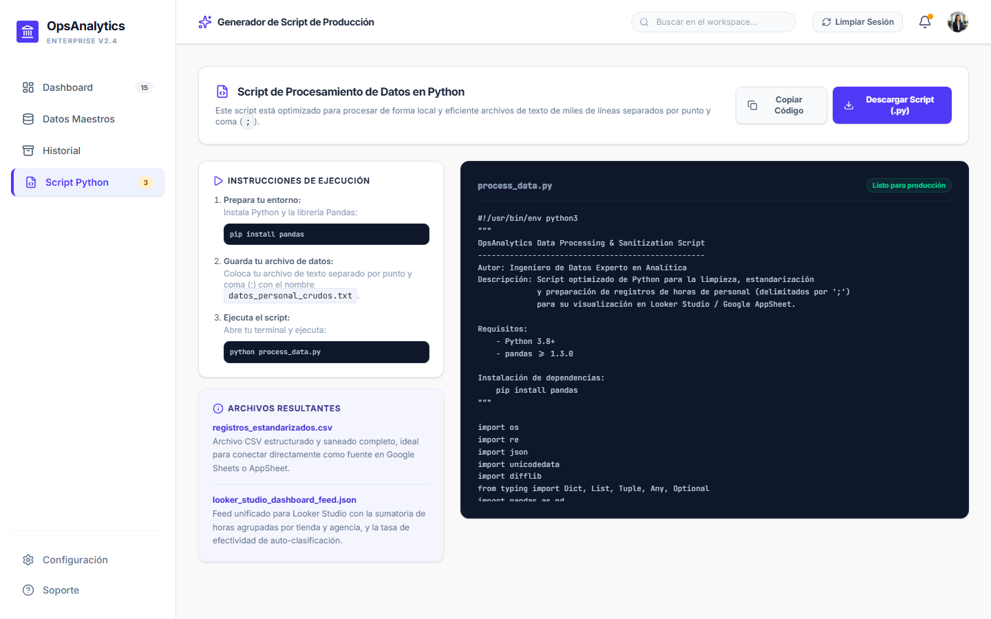 Script en Python generado para procesar los archivos fuera del navegador