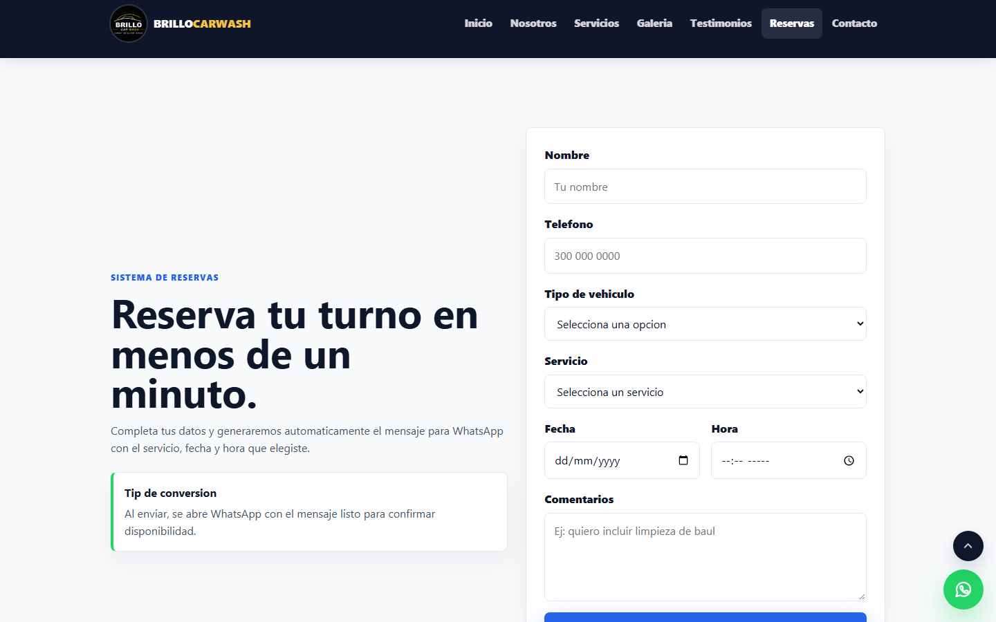 Formulario de reserva que arma el mensaje de WhatsApp