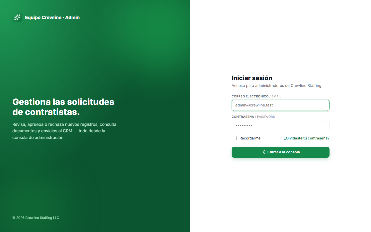 Pantalla de acceso para administradores
